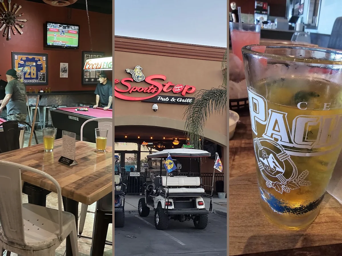 Bar stools and tables in a family-friendly grill.
