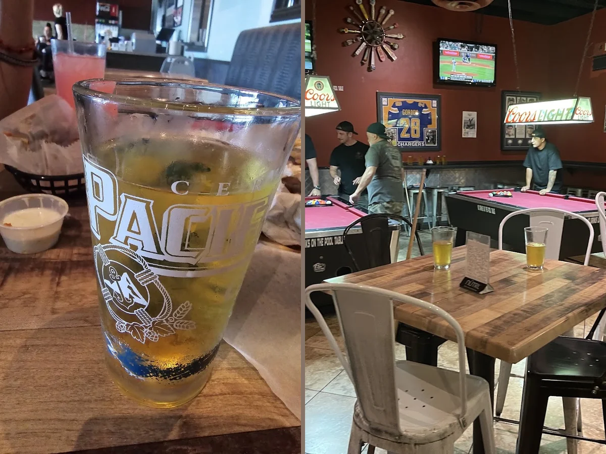 Bar stools and tables in a family-friendly grill.