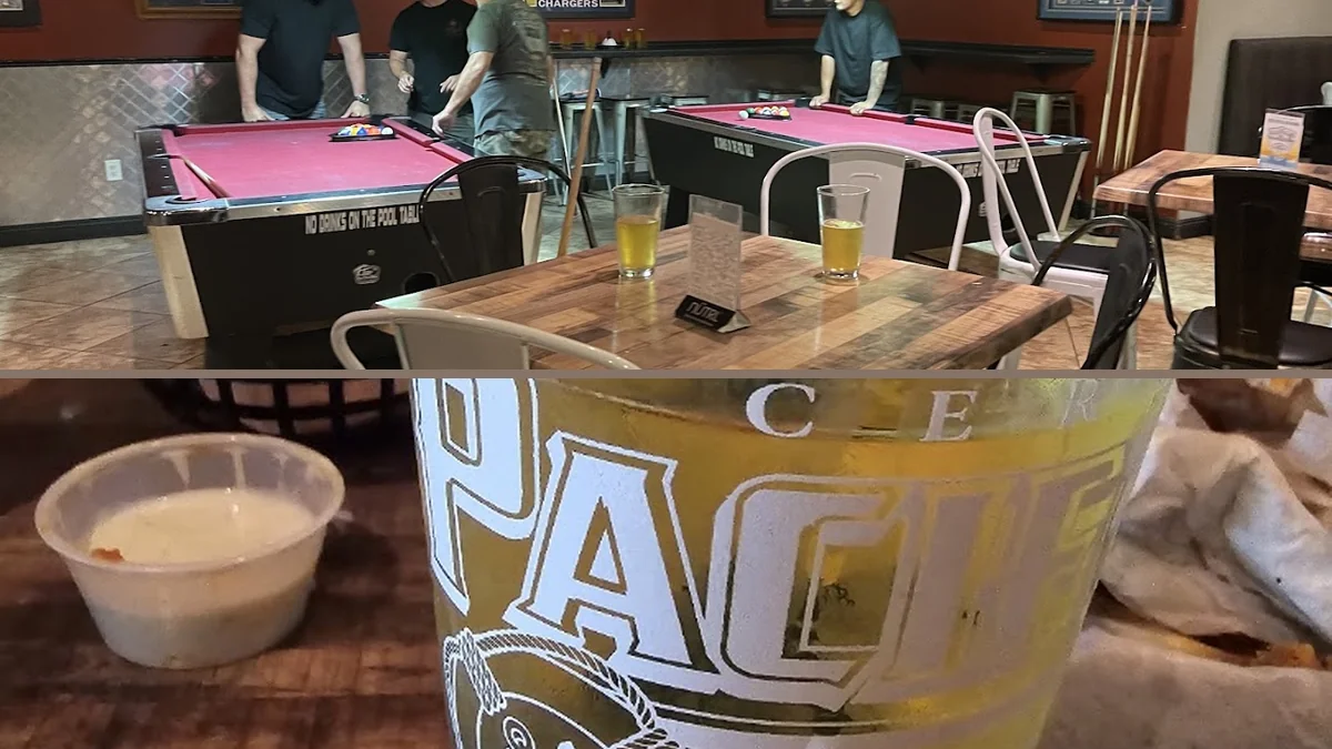 Bright interior for drinks, games, and classic American food.
