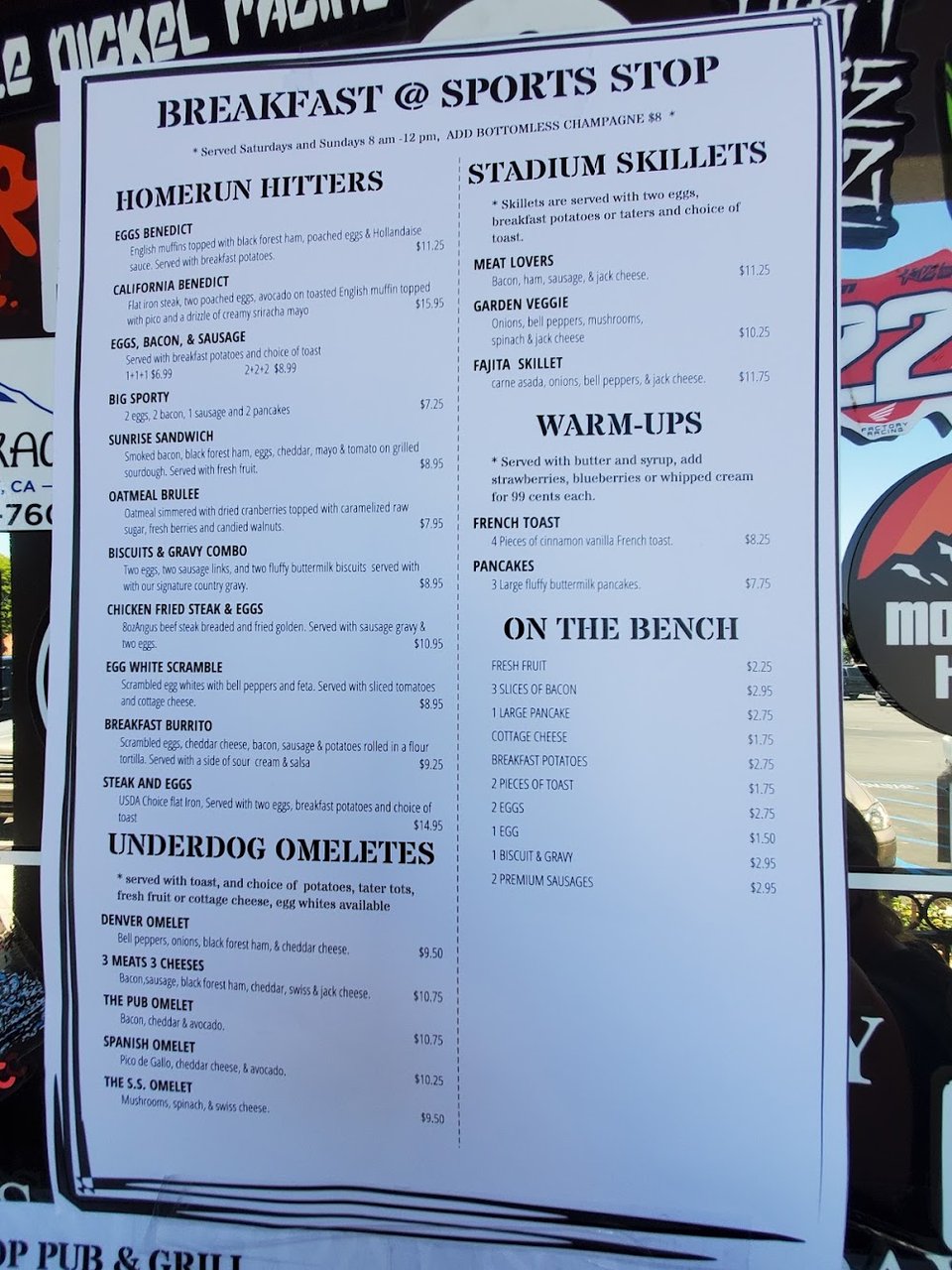 Classic American dishes listed beside drink options.